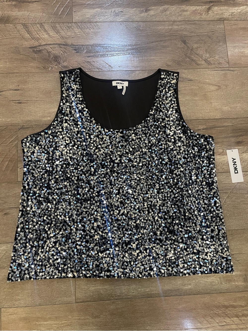 DKNY NWT Black Silver Sequin Scoop Neck Sleeveless Tank Top XL